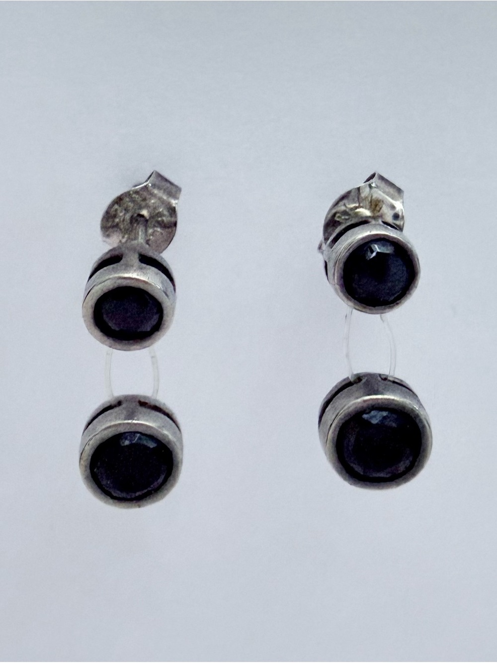 925 Sterling Silver Black Gemstone Two Stone Floating Dangle Earrings